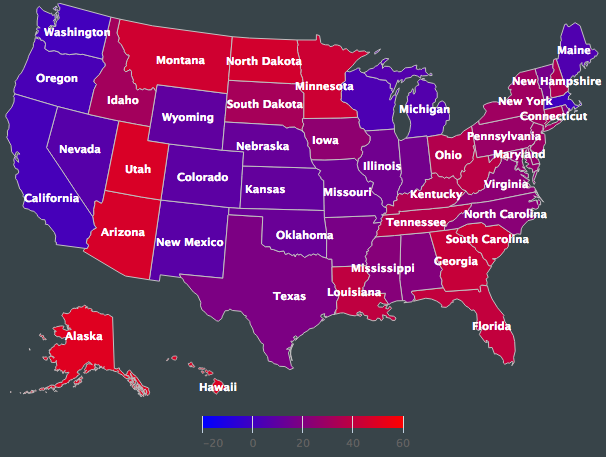 Displays a Choropleth map of the United States. The map shows colors for each state, and a legend for the colors in the bottom center.
