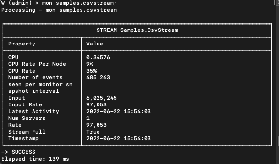 A console screen showing the output of the 'mon' command. The command shows a table of properties and values. One of these pairs is Stream Full, with the value True.