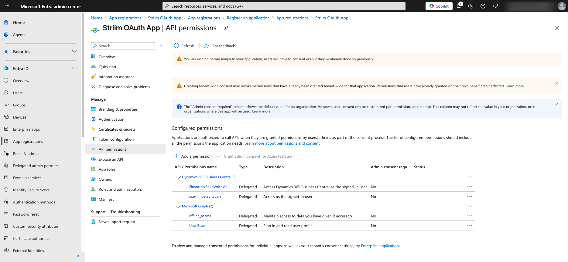 Striim-OAuth-App-Microsoft-Entra-admin-center-AfterAddingpermissions-BusinesCentral.png
