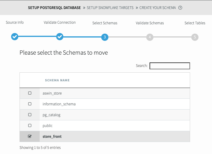 The Postgres setup wizard at step 3. There is a list of schemas to select.