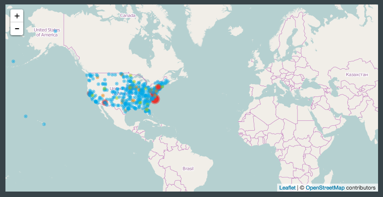 Display a leaflet map of the United States that plots points on a world map using the latitude and longitude values in the data. The map contains controls to zoom in on the map to see place names, streets, and street names.