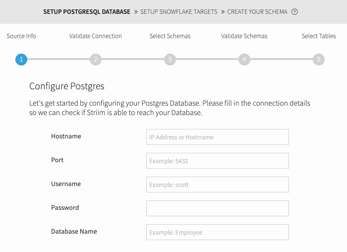 The setup wizard at step one, Configure Postgres.