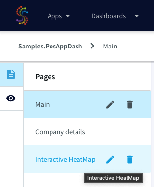 The Pages menu selector open to show the Main and Interactive HeatMap options. Interactive HeatMap is selected.