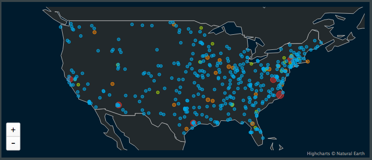 Display a vector map of the United States that plots points on a simple world map using the latitude and longitude values in the data.