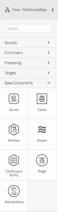 The left toolbar of Source Preview with the Base Components module expanded. Base Components are Source, Cache, Window, Stream, Continuous Query, Target, and WActionStore.