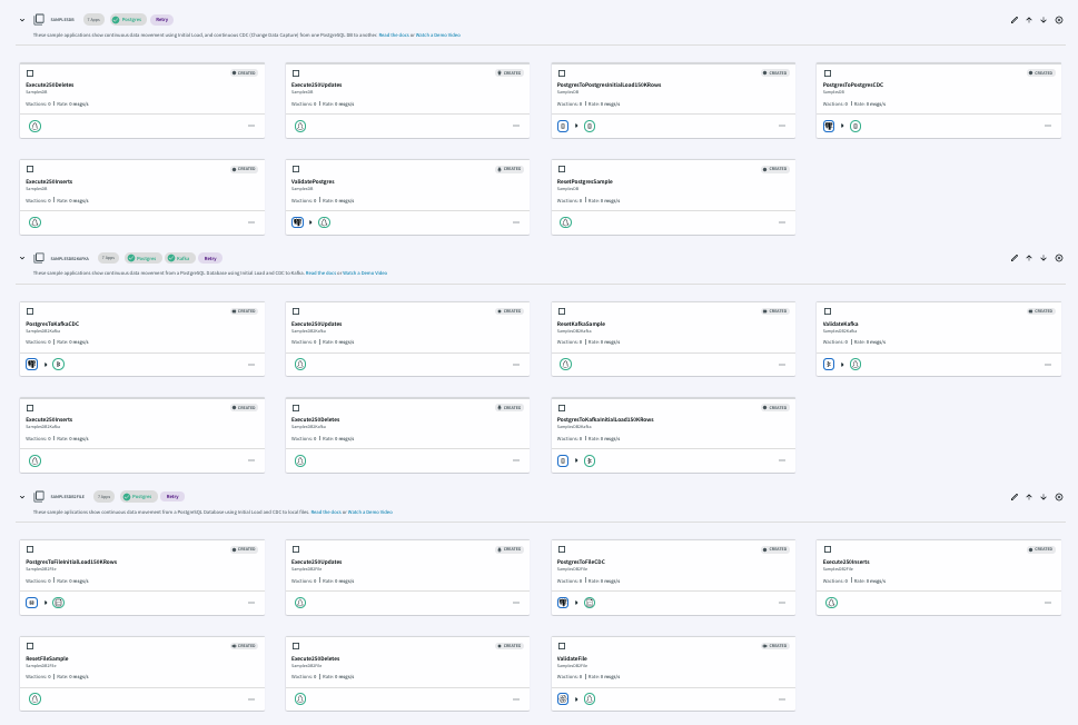 A grid of tiles representing the Change Data Capture demo applications.