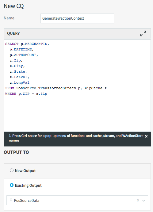 The definition window for a new Continuous Query.